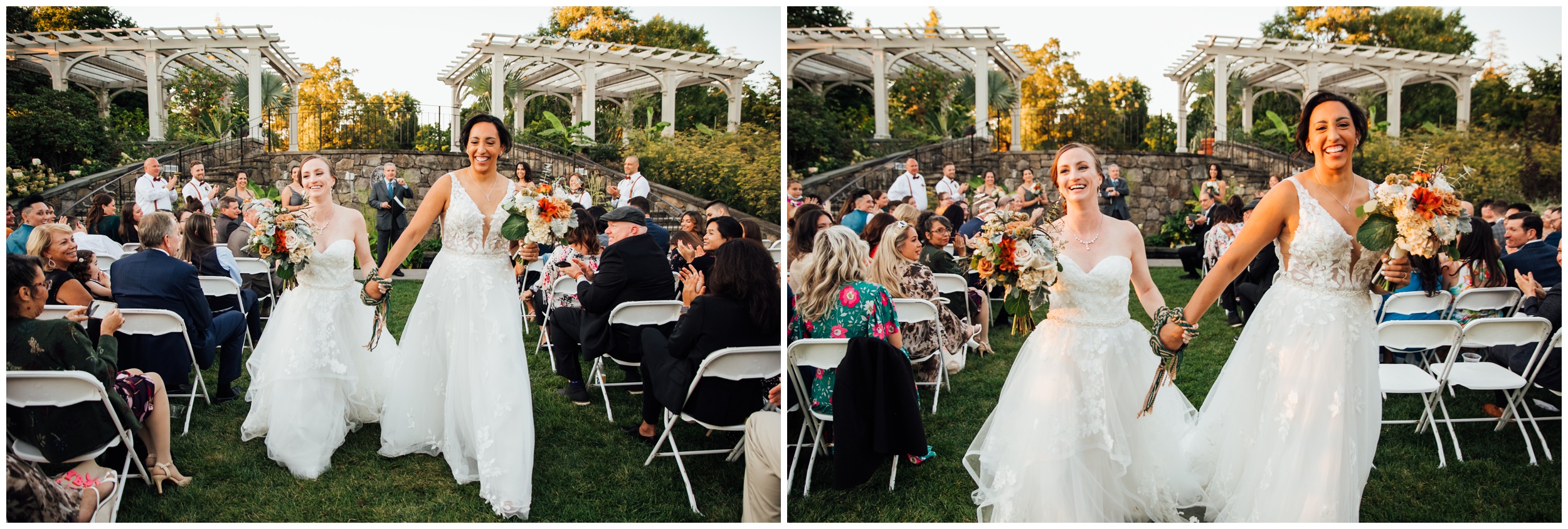 Two brides walking down the aisle after ceremony at New England Botanic Garden at Tower Hill in Massachusetts